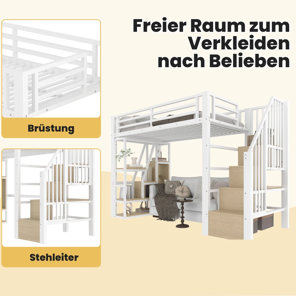 90 x 200 cm/140 x 200 cm Hochbett, Eisenrahmen, integrierte Stufen, Geländer, Leiter, mit LED-Lichtleiste, offener Stauraum unter dem Bett – Detail 15