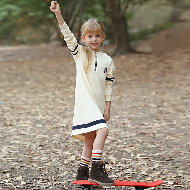 Mädchen Kleid lässig Outfit Kleider vorne Reiß verschluss lange Ärmel Mädchen Kleidung Stickerei Brief ein Kontrast Marine Streifen Familie Set – Detail 3