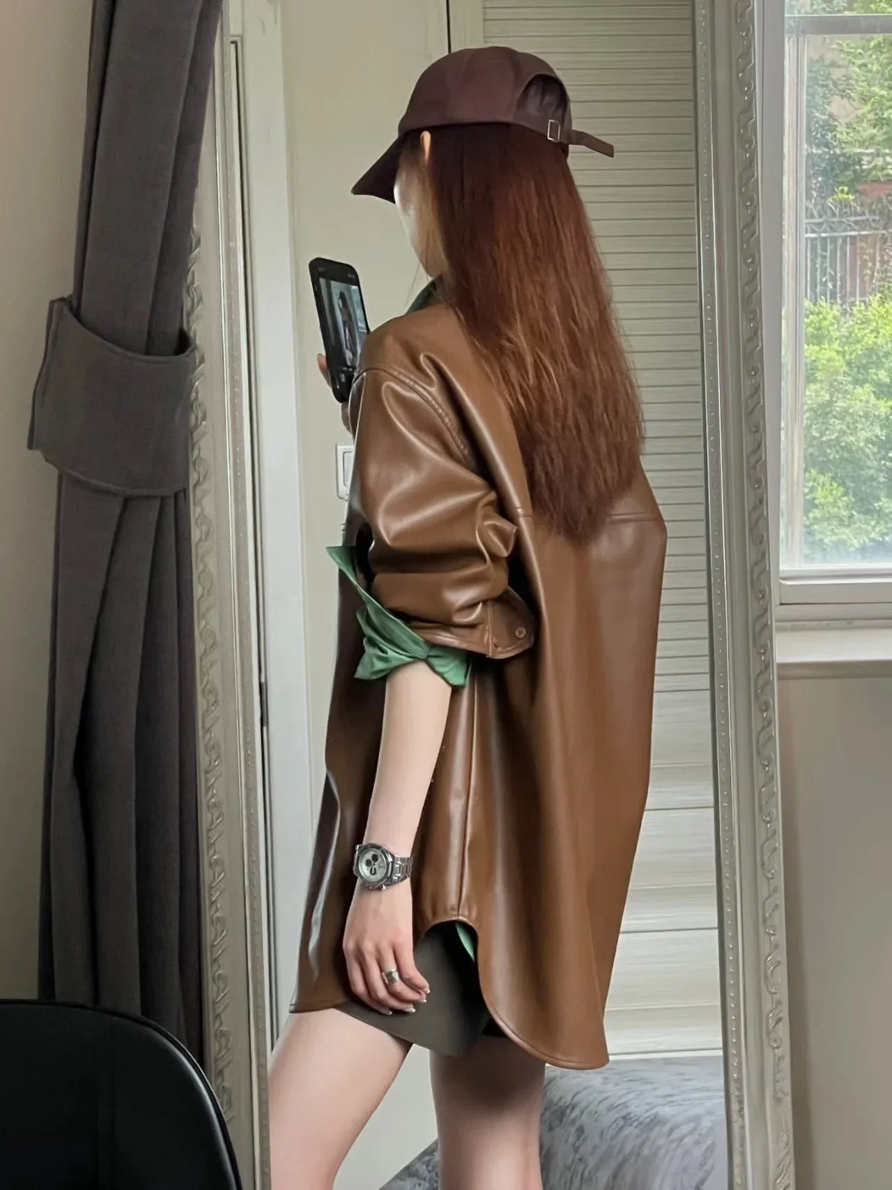 Korean Fashion PU Jacket Long Sleeves Long Cut Shinny Faux Leather Girls Winter Fall Coat Loose