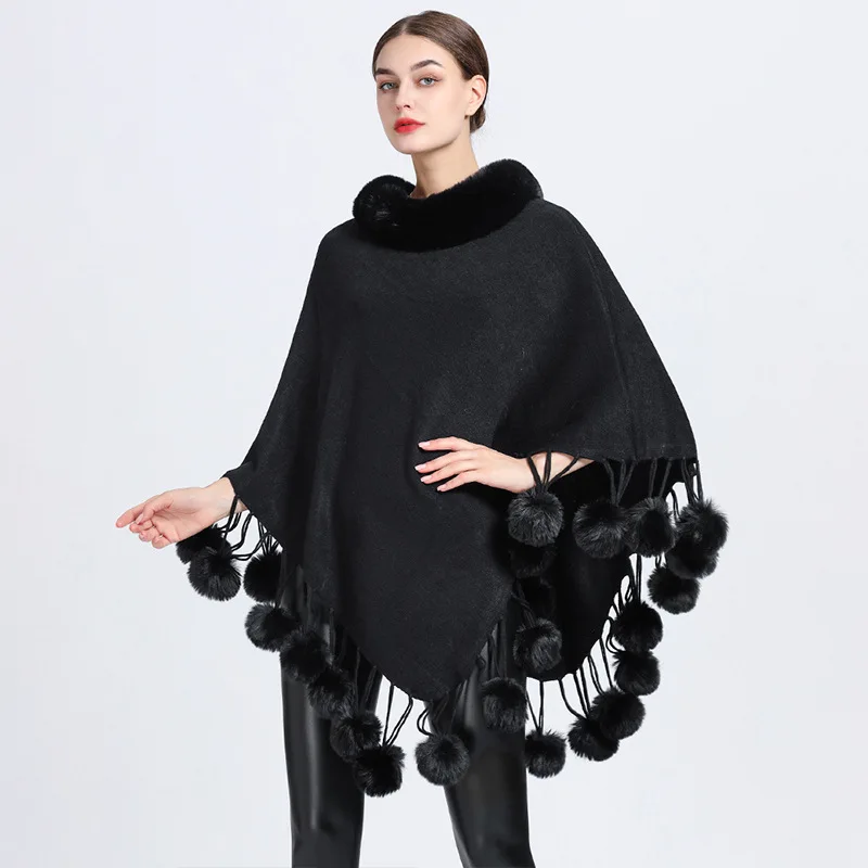 5 Colori Donna O Collo Allentato Poncho Cappa Inverno Faux Rabbit Fur Nappa Pompon Oversize Pullover Scialle Cappotto