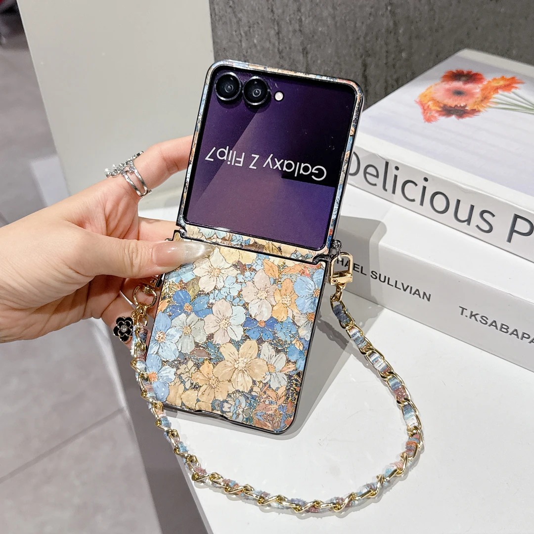 Elegant Gold Stamped Floral Phone Case with Chain Lanyard – Luxury Design Premium Cover