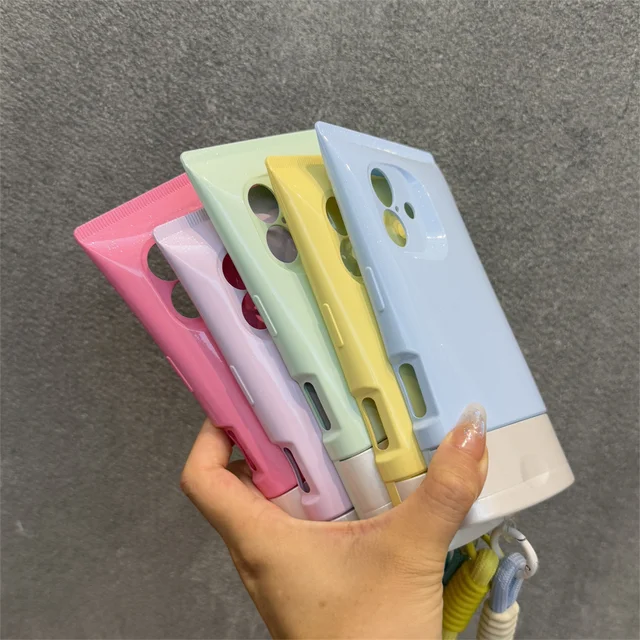 جراب هاتف سيليكون لامع من ins Lanyard BB Wash Face Cream لهاتف iPhone 16 15 14 13 12 Pro Max 3D غطاء خلفي واقٍ كامل من الصدمات 3