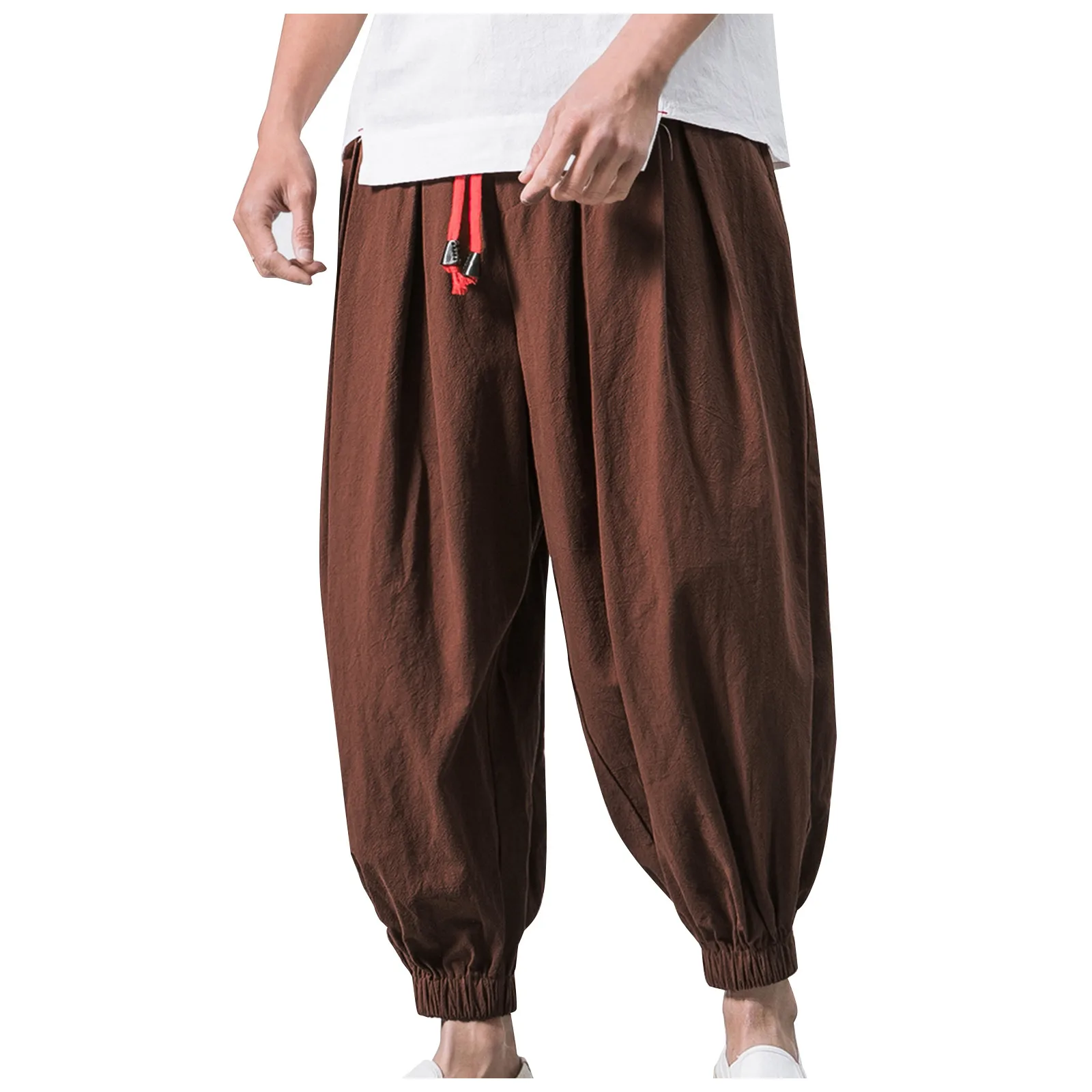 

Men's Fashion Cotton Linen Casual Solid Colors Loose Trousers Breathable Japanese Style Elastic Waist Harem Pants Plus Size