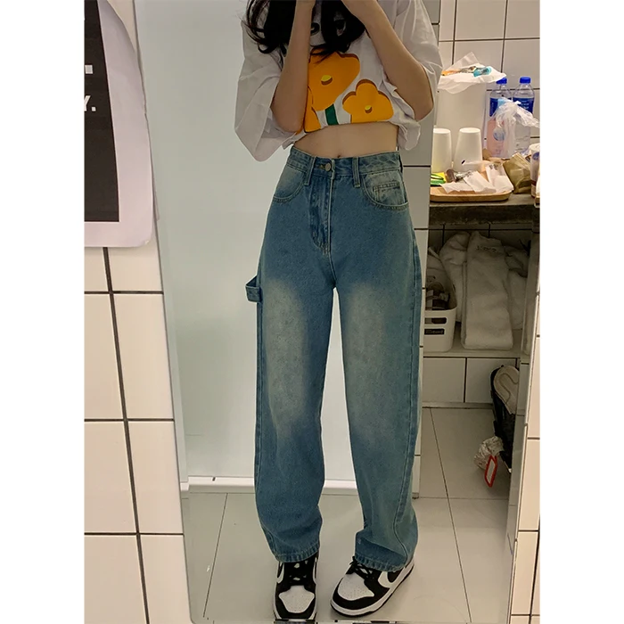 Vintage Baggy Blue Women's Jeans Straight Loose High Waist Trousers Flower Printing Streetwear Fashion Mom Denim Wide Leg Pants armani jeans