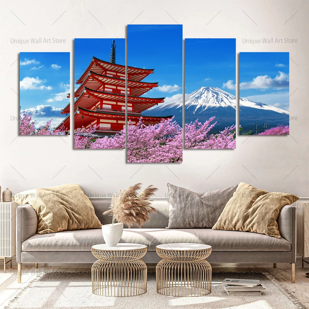 5-Panel Mount Fuji Canvas Wall Art – Japanese Cherry Blossom