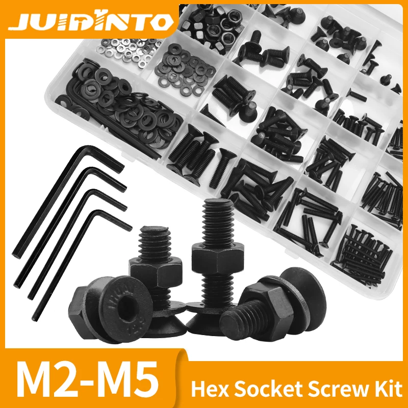 Juidinto-parafuso Máquina de Aço Carbono e Porca Grupo Cabeça Sextavada Plana Tomada Cap Parafusos Parafuso Lavadora Variedade Kit m2 M2.5 m3 m4 m5