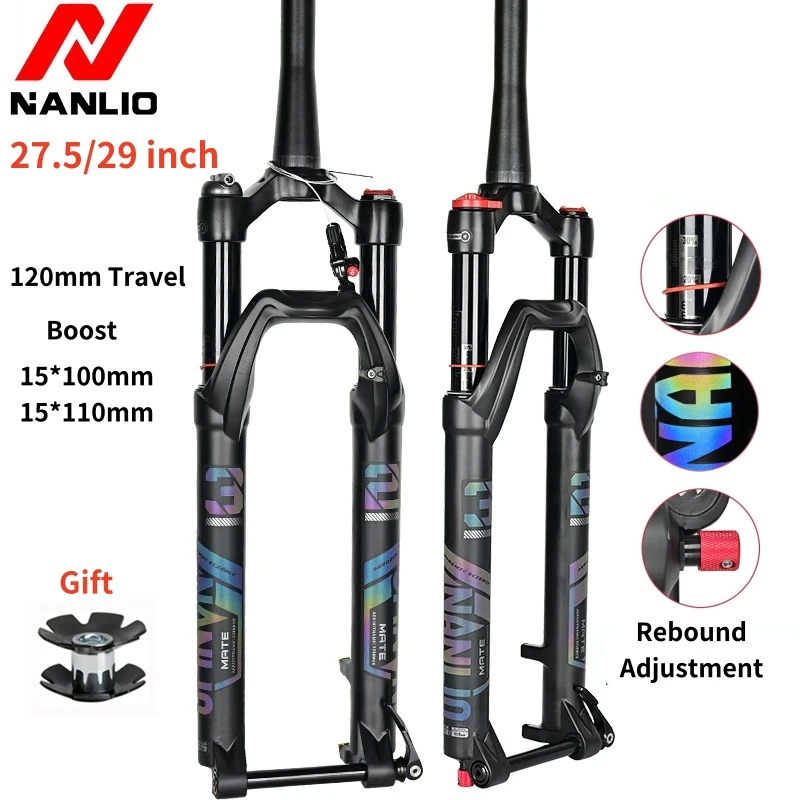 

NANLIO 27.5/29 Inch Bicycle Fork 120mm Travel Mountain Bike Air Suspension Fork Boost Thru Axle 15*100mm 15*110mm Tapered Tube