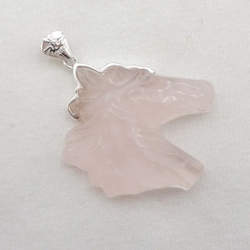 Silver Accessories Natural Stone Carved Horse Head Necklace Pendant Bead 43x40x10mm 29g
