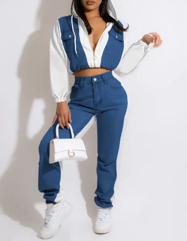 

Fashion Two Piece Set for Women Outfit Autumn New Casual Commuting Colorblock Denim Patch Crop Top& Cuffed Pants Set Streetwear