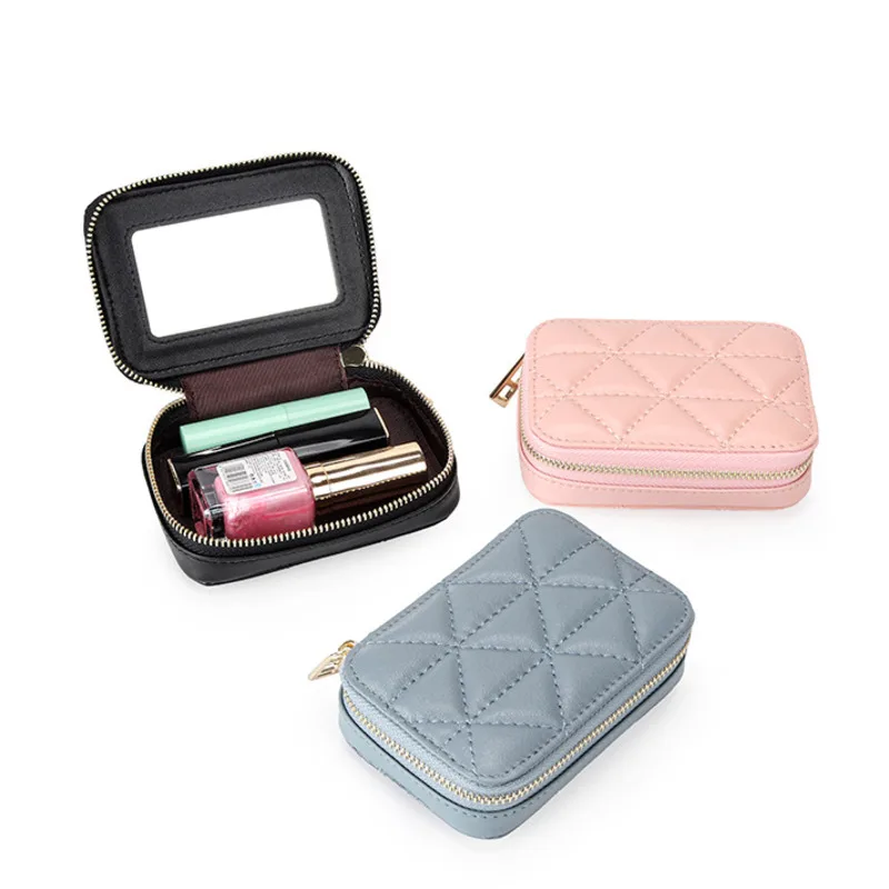 

Square Makeup Mirror Portable Lipstick Cosmetic Bags Mini Storage Bag Small Leather Travel Makeup Bag With Mirror for Women