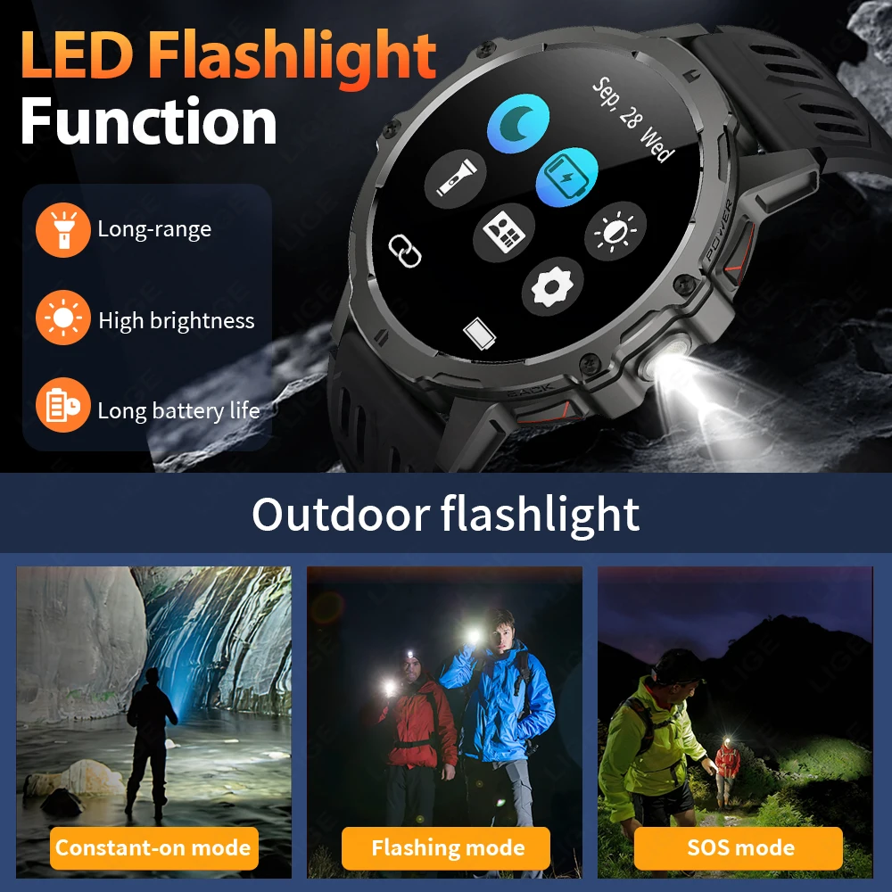 LIGE 2025 New 1000mAh Smart Watch Men Sport Fitness LED Flashlight 3ATM Waterproof 1.7-inch BT Call Smartwatch For HUAWEI XIAOMI
