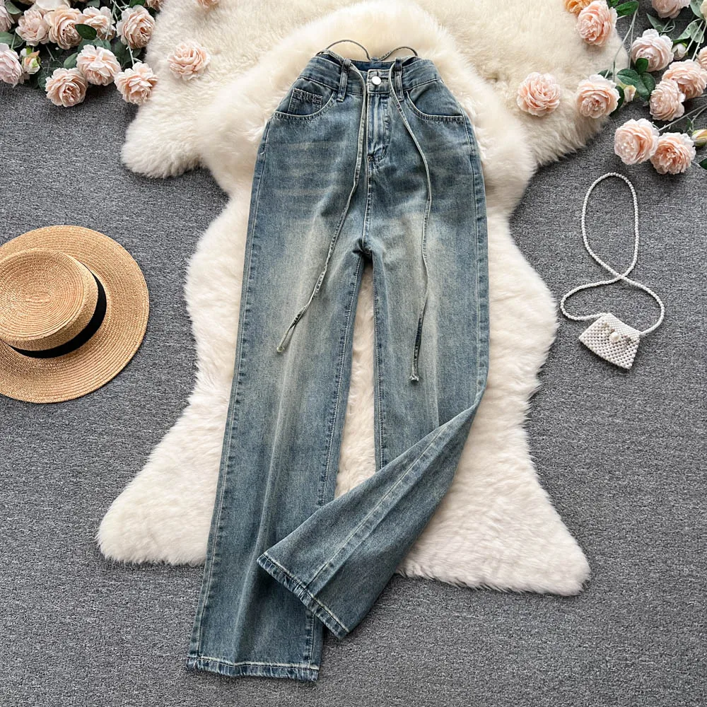 

Loose Strap Wide Leg Jeans Versatile Summer Retro High Waist Slim Pants Floor Pants