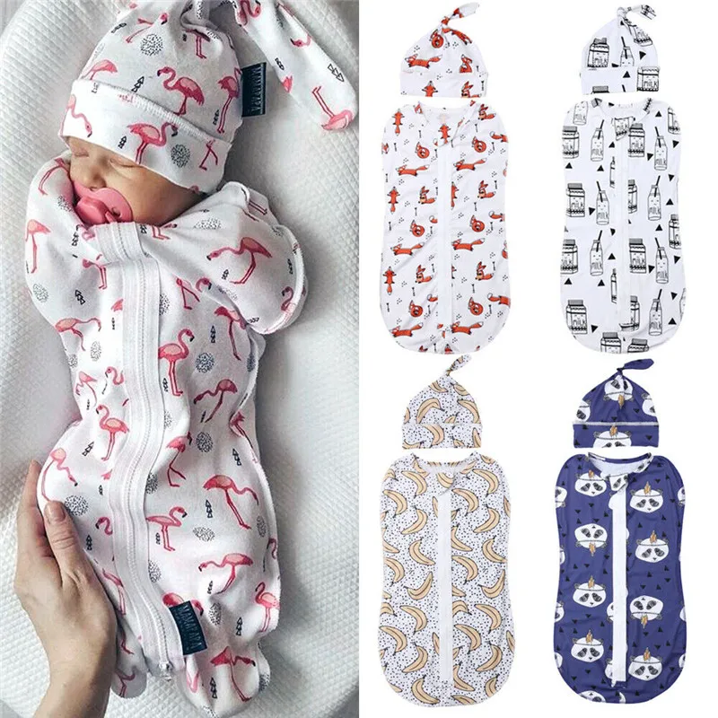 0-6m Newborn Sleeping Bags Cartoon Animal Print Zipper Baby Girls Boys Swaddle Wrap Blanket + Hat