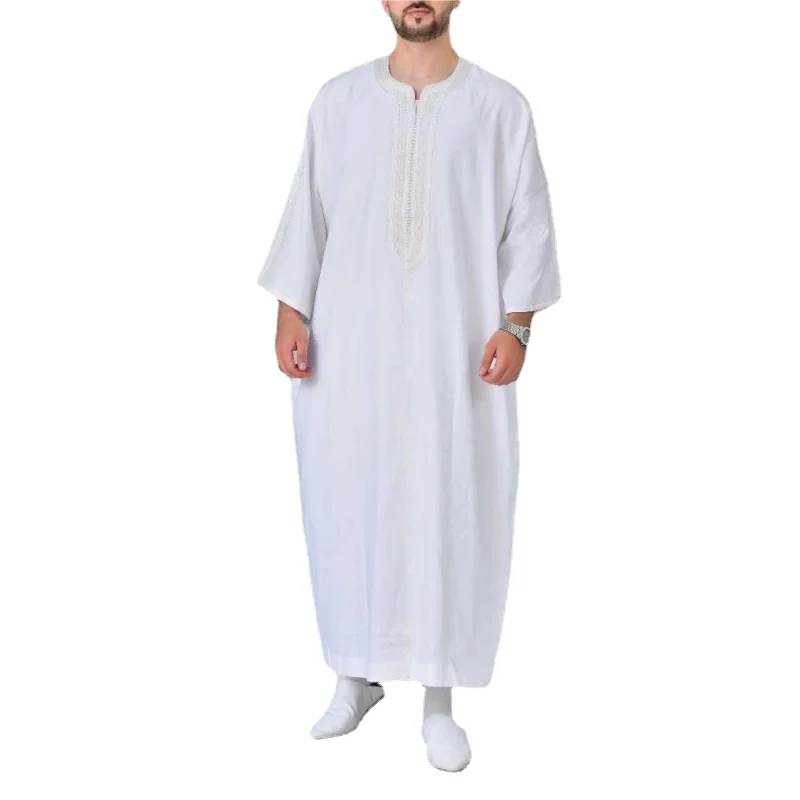 

2023 New Style Men's Clothing Muslim Fashion Middle East Dubai V-neck Long Sleeve Embroidery Solid Color Casua Jubba Thobe
