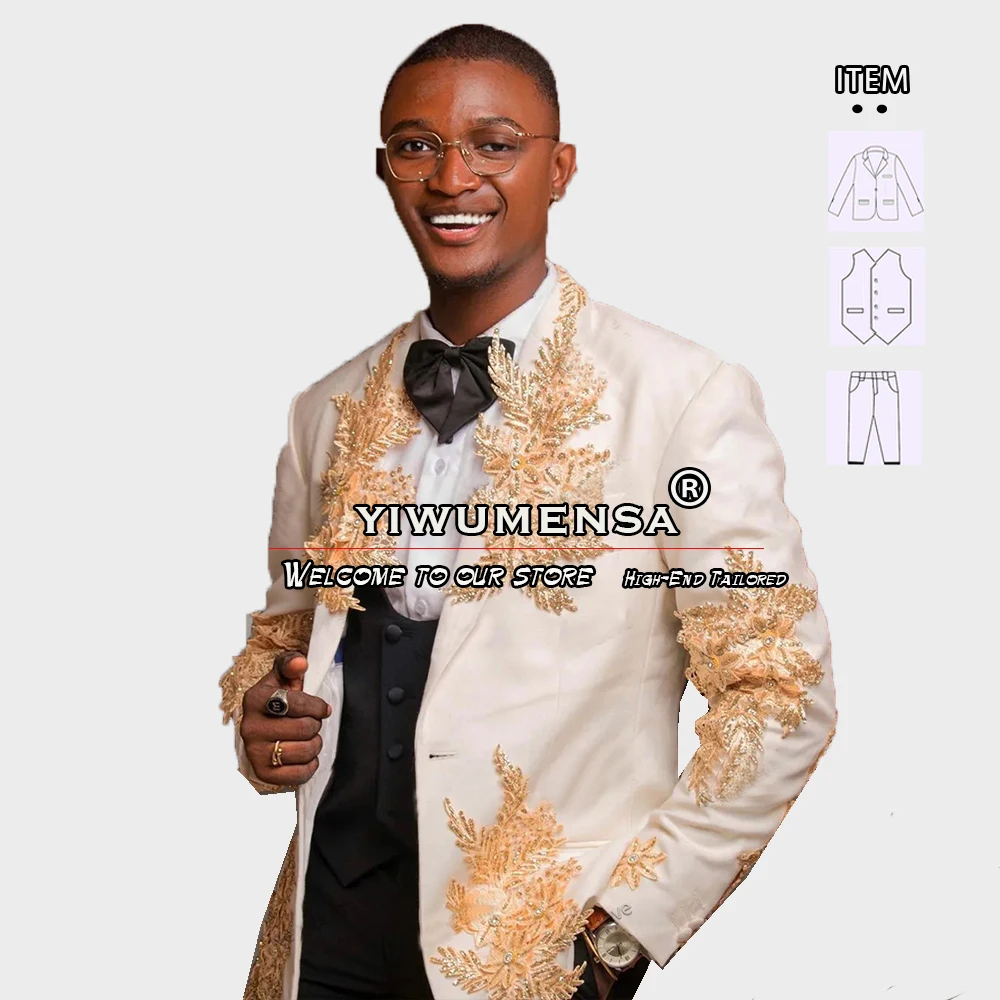 3 Pieces Suits Men Formal Groom Wear Wedding Tuxedo Gold Appliques Ivory Blazer Black Vest Pants Luxury Party Dress