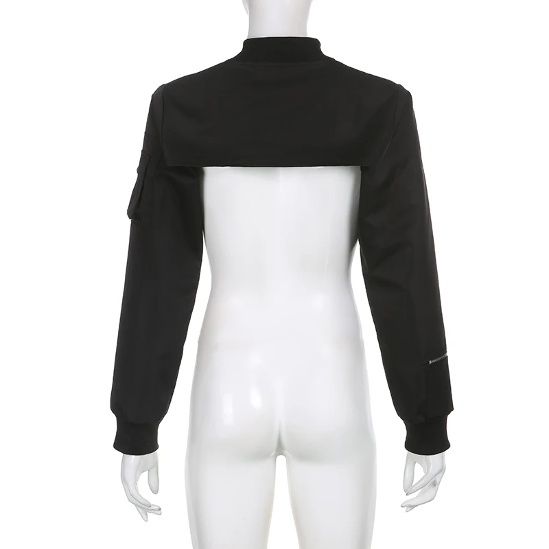 Super-short Black Jacket Zipper Long Sleeve Harajuku Cropped Tshirt Gothic Techwear Fashion Korean Tee Punk Street