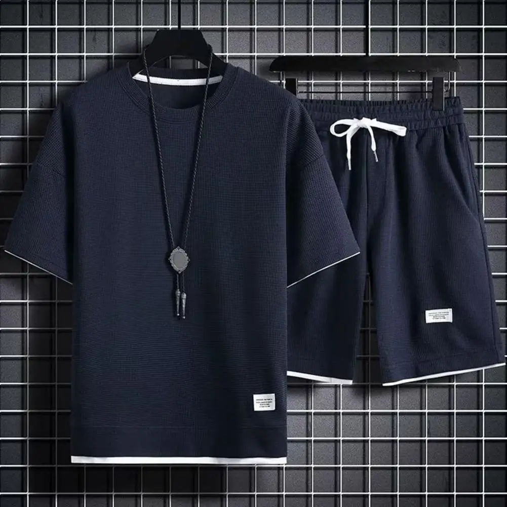 

Мужской спортивный костюм с Вафельной текстурой, мужской спортивный костюм, Мужская футболка с круглым вырезом и шорты с эластичной талией, повседневный наряд