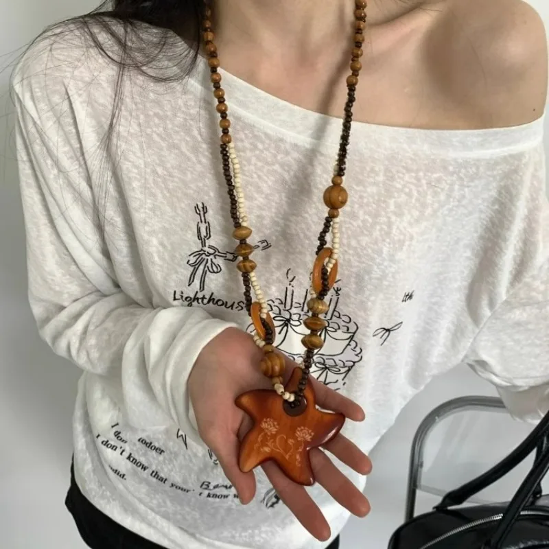 Vintage Boho Ethnic Style Long Handmade Bead Wood Star Pendant Necklace Sweater Chain for Women Fashion Neck Jewelry Party Gifts