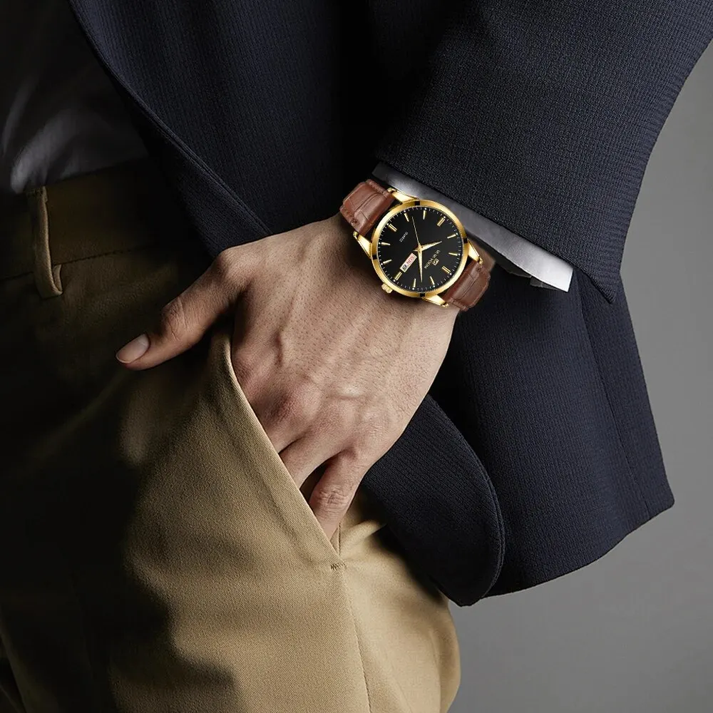 2023 New Men's Business Watch Classic British Style Leather Gold Black Casual Quartz Watch Luxury Glow Men Waterproof Wristwatch 4