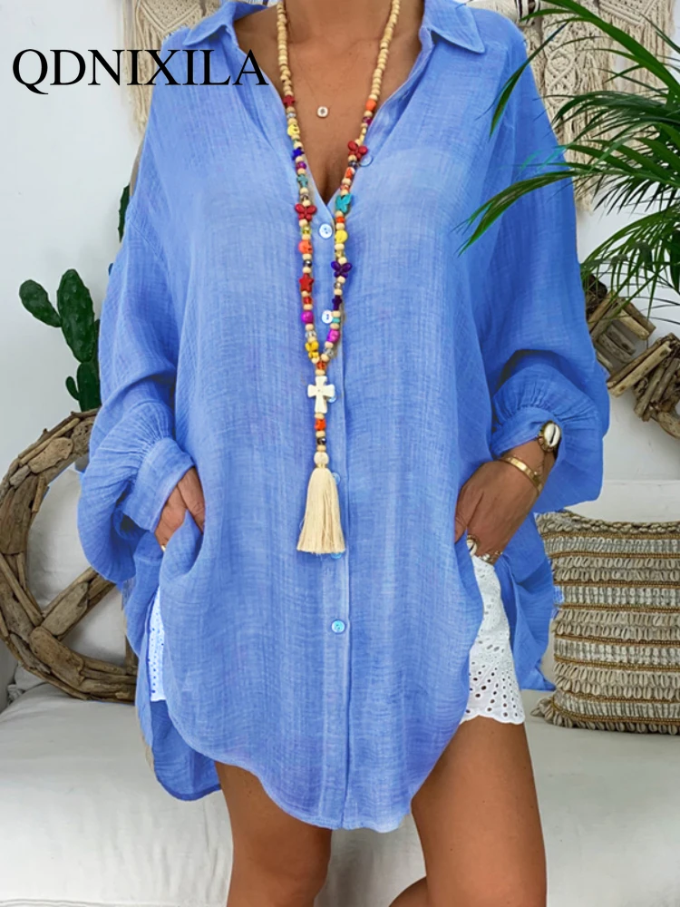 VREWARE Camisetas de verano para mujer, de lino, con solapa