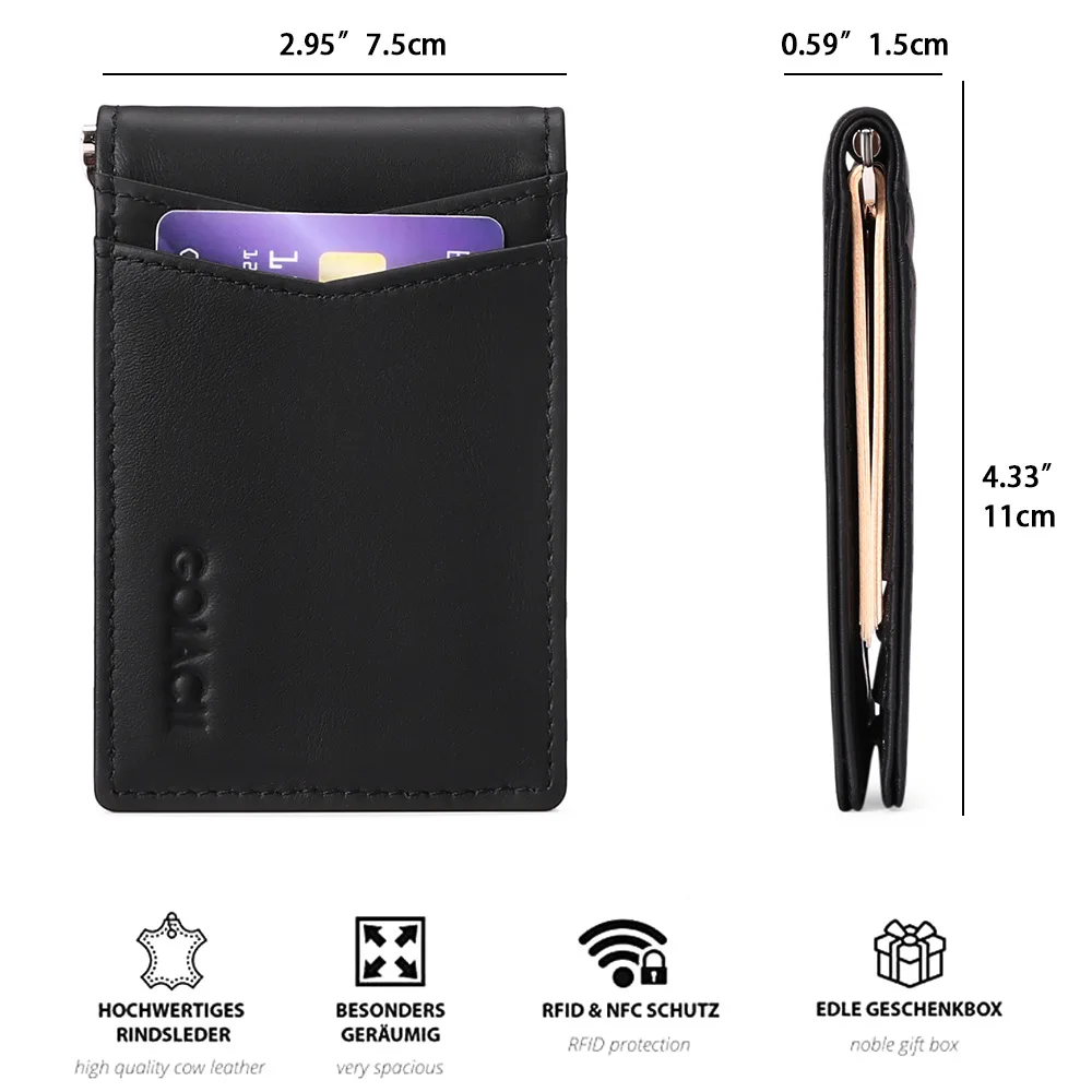 Genuine Leather Mens Wallet with money clip Slim with Metal Clips Money Holder Billfold with Money Clip 5