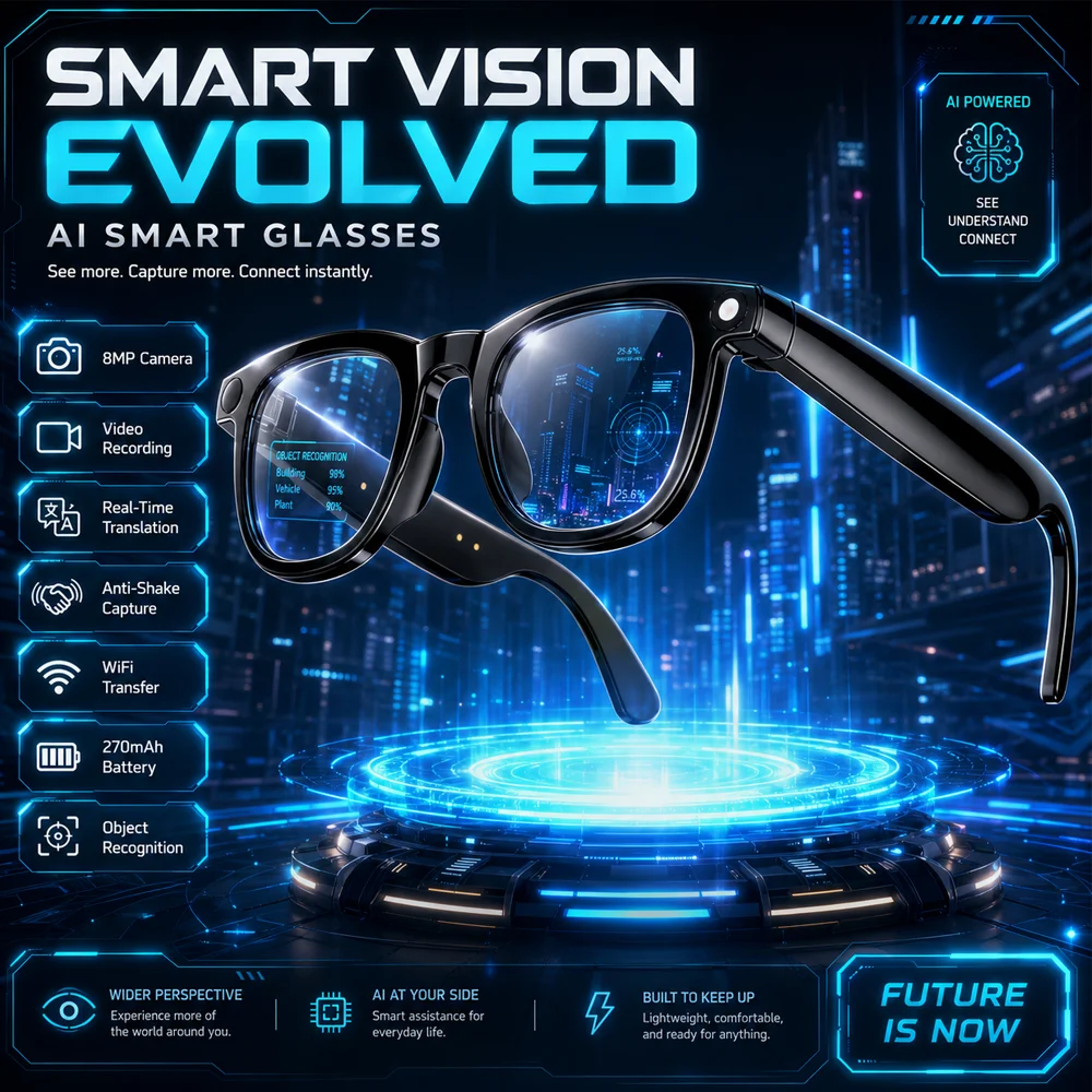 Nuovi Occhiali Smart 2026: Assistente AI per Ufficio, Traduzione, Musica Wireless, Chiamate, Fotocamera HD 800W, Registrazione Foto e Video