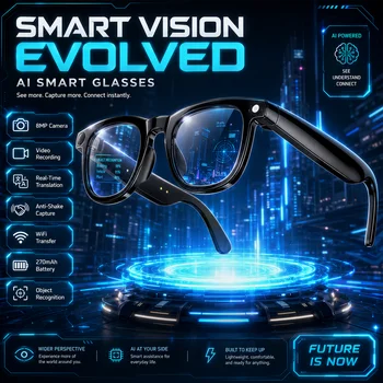 Nuovi Occhiali Smart 2026: Assistente AI per Ufficio, Traduzione, Musica Wireless, Chiamate, Fotocamera HD 800W, Registrazione Foto e Video