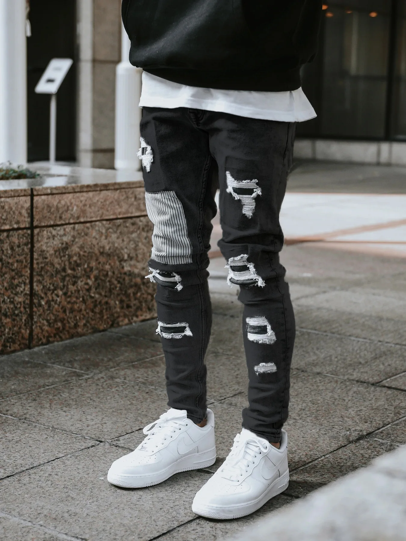 Biker Jeans Black Ripped Jeans With Checkers Grey Staight Jeans