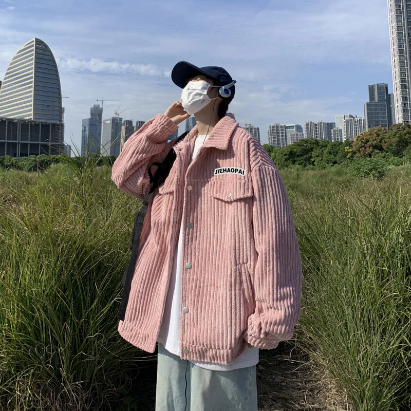 Corduroy Cargo Men Pit Strip Jackets Spring Fleece Warm Autumn Coat Popular Vintage Outerwear Male Trend Chic Y2K Ins Kpop Tops