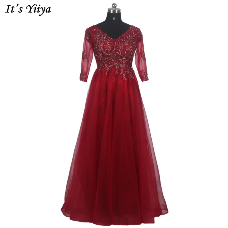 

It's Yiiya Evening Dresses Burgundy Appliques Beading V-neck Half Sleeve A-Line Floor Length Plus Size Women Party Dress K288