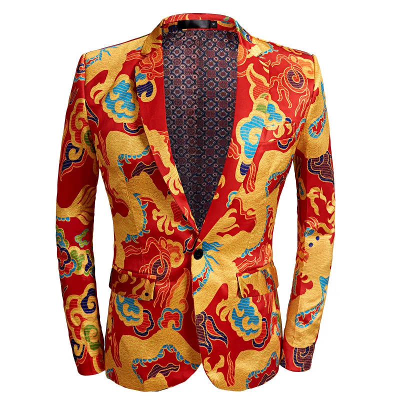 Men Fashion Casual Chinese Longteng Style Red Dragon Pattern Suit Slim Stage Party 2 Pcs Blazers Sets Jacket Pants