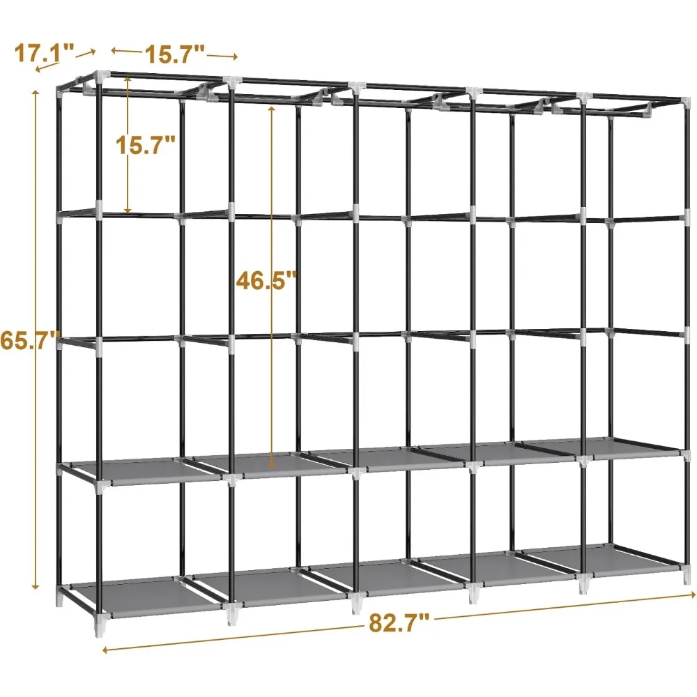 Portable Closet Wardrobe, Clothes Storage Rack Organizer with Cover, Side Pockets, 5 Clothes Hanging Rods 6