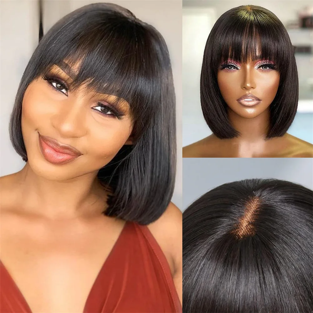 3X1 Middle Part Lace Straight Short Bob Wig With Bangs Human Hair Glueless