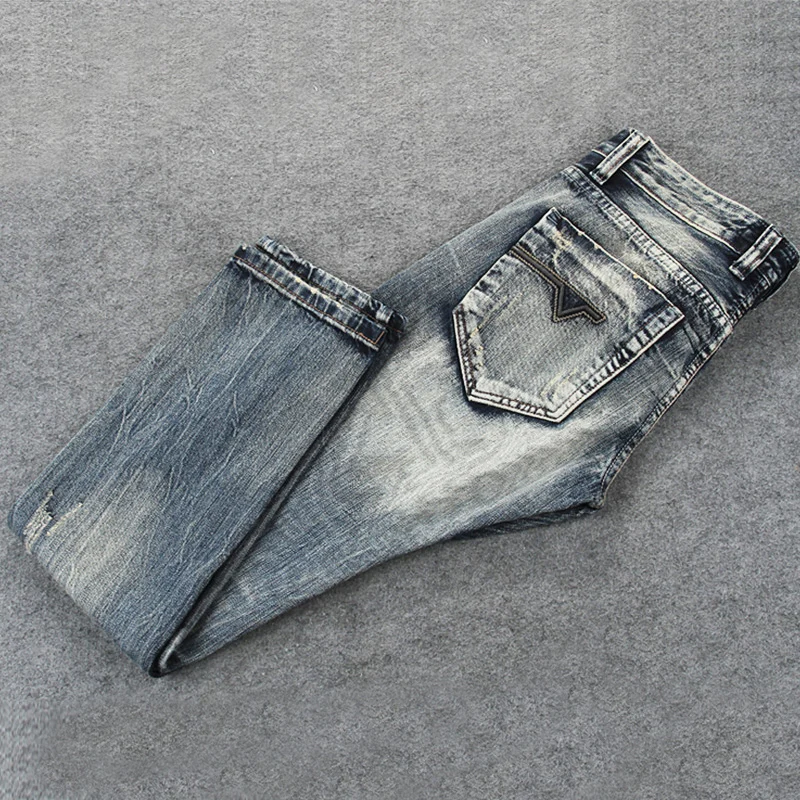 Streetwear Fashion Men Jeans Retro Wash Slim Fit Destroyed Ripped Jeans Men Hole Trousers Patched Vintage Designer Pants Hombre 4