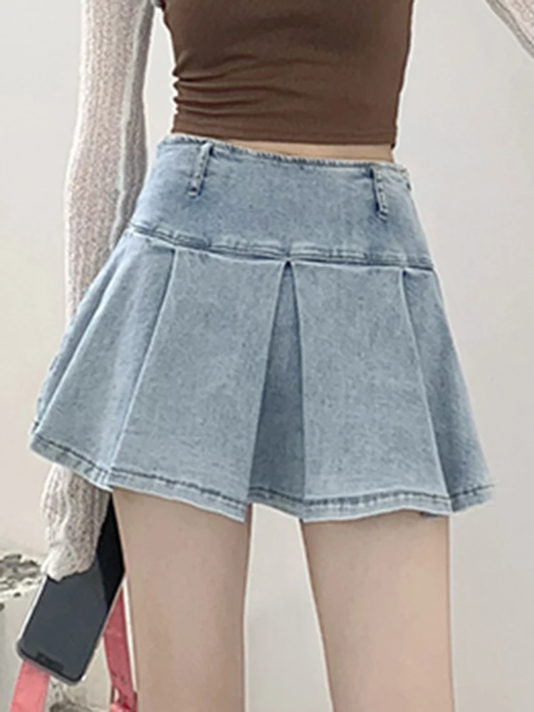 Circyy Mini Skirt Women Blue High Waist with Lined Denim A-Line Pleated Skirt Spring New Solid Comfortable Korean Fashion Casual