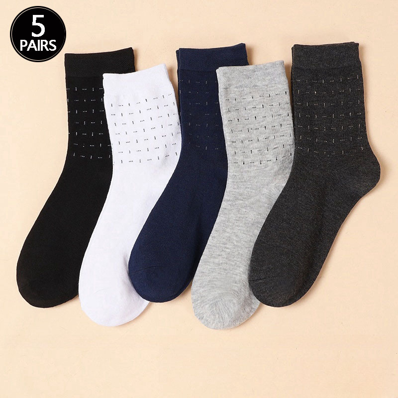 5 Pairs of Men's Multicolored Crew Socks with Dotted Line Design, Business Style, Trendy, Moisture-Wicking and Sweat-Absorbing