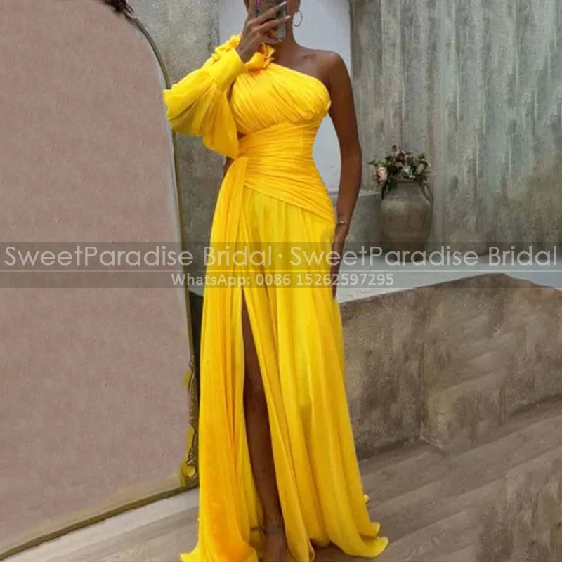 

Single Long Sleeves Mermaid Bridesmaid Dresses Side Split Long Streamer Gold Yellow Chiffon Sheath Party Dress Maid Of Honor