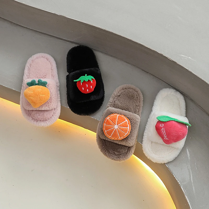 Winter Children's Plush Slippers New Cute Fruit Fashion Girls Warm Indoor Flat Slippers Causal Furry Kids Home Cotton Slippers