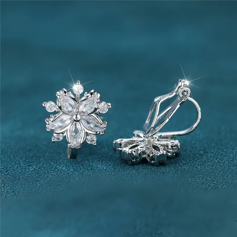 Clip Earrings Elegant Pink Crystal Sakura White Zircon Flower For Women Wedding