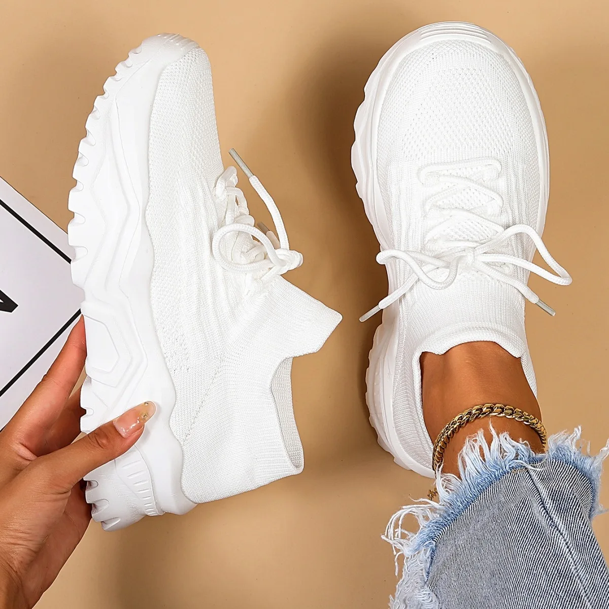 YeddaMavis Large Size 35-44 Brown Women Shoes Lace Up Sports Casual Shoes Breathable Flyknit Socks Shoe Women's Vulcanize Shoes