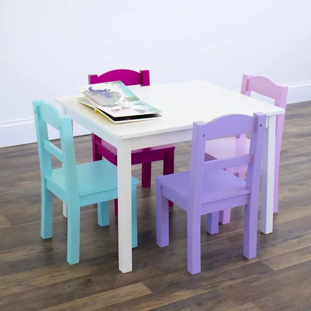 Kids Wood Table and Chair Set (4 Chairs Included)-Ideal for Arts & Crafts, Snack Time, Homeschooling,White, Pink, Purple