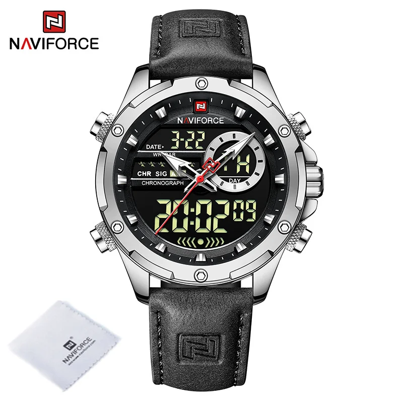 NAVIFORCE Fashion Watches for Men LED Digital Leather Strap Original Sport Wrist Watches Waterproof Male Clock Relogio Masculino 