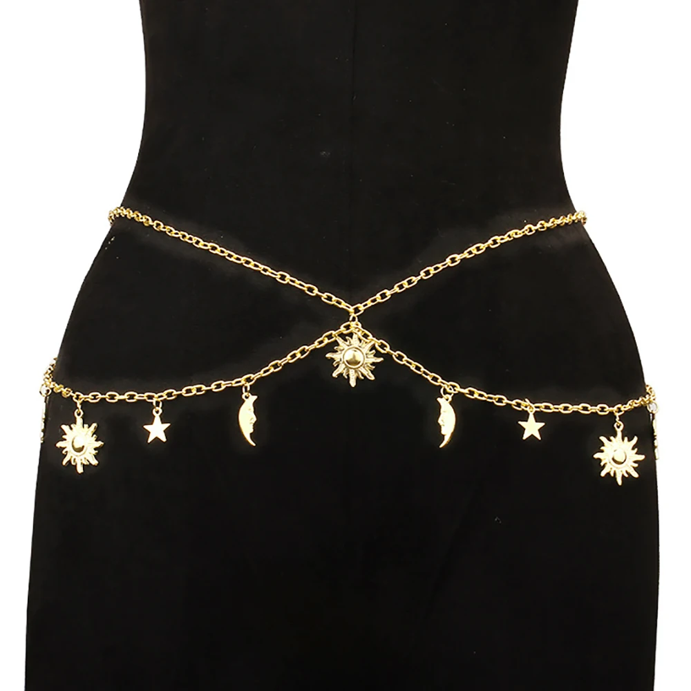 Two-story retro style sun moon stars tassel waist chain for women's body chain jewelry.