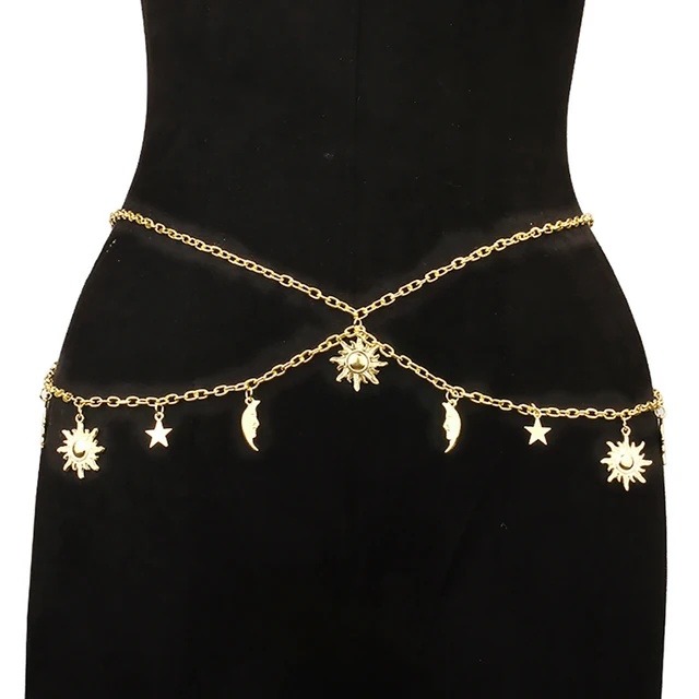 Personality Double-deck Retro Style Sun Moon Stars Tassels Alloy Waist Chain Ladies' Body Chain Jewelry