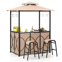 3 PCS Patio Bar Set with Tempered Glass Bar Table Metal Storage Shelves for Garden Brown