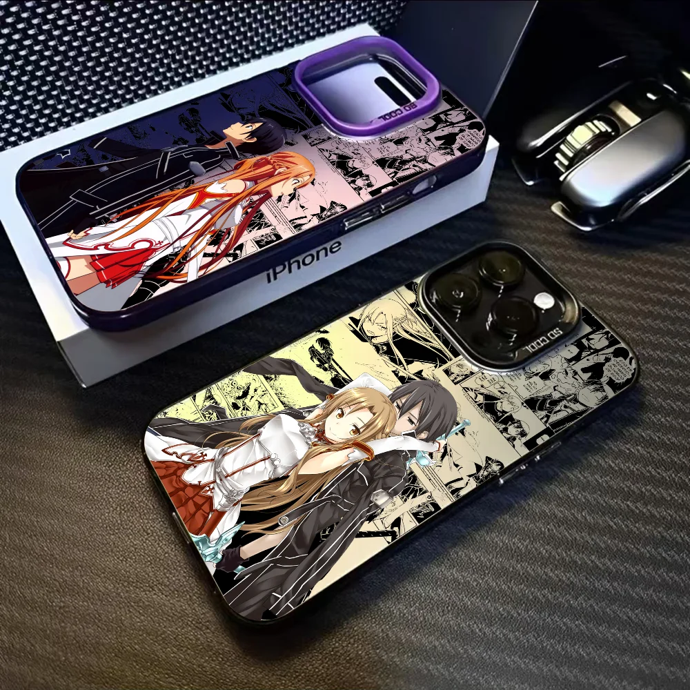 Anime-Inspired Asuna x Kirito Laser Metallic Aurora Phone Case - Black & Purple Matte Finish