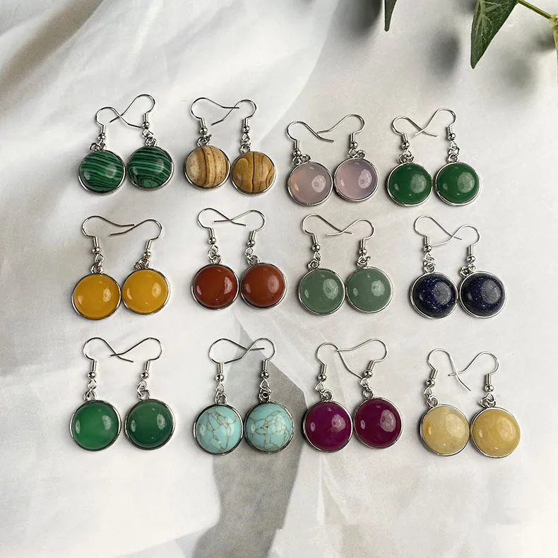 Natural Stone 10mm 12mm Round Amethyst Aventurine Rose Quartz Crystal Agates Dangle Stainless Steel Earrings