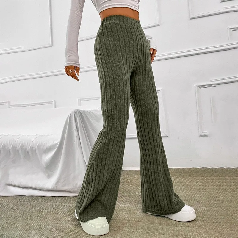 Ribbed Flare Pants Women Elastic Mid Waist Slim Stretch Trousers Solid Streetwear Autumn Winter Wide Leg Bottom Streetwear