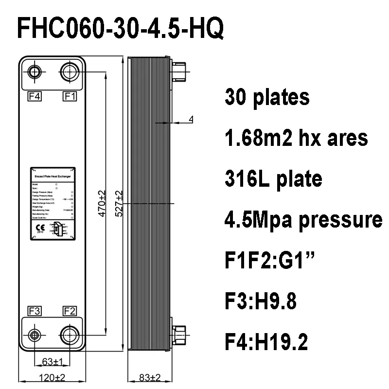 Plate Heat Exchanger 1.68m2 Heat Transfer Areas 30 Plates 316 Stainless Steel 4.5mpa Pressure