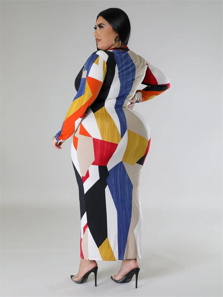 Wmstar Plus Size Dresses for Women Printed Fashion Long Sleeve Bodycon Stretch Fall Clothes Maxi Dresses Wholesale Dropshipping